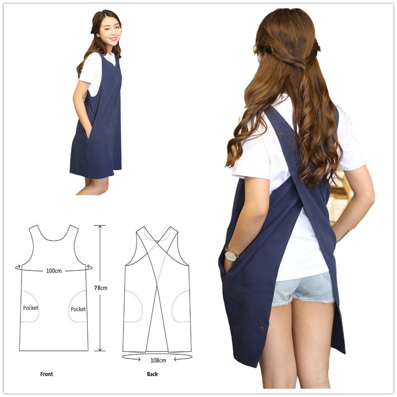 AOBBYBBS Soft Cotton Linen Apron Solid Color Halter Cross Bandage Aprons Japanese Style X Shape Kitchen Cooking Clothes Gift for Women Chef Housewarming (Navy Blue) - Image 2